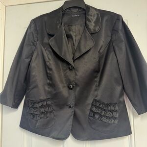 Sleek Black Satin Blazer with Ruffle Accents